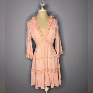 Baltic Born Light Pink Lace Plunging Neckline Flutter Sleeve Dress, NWT